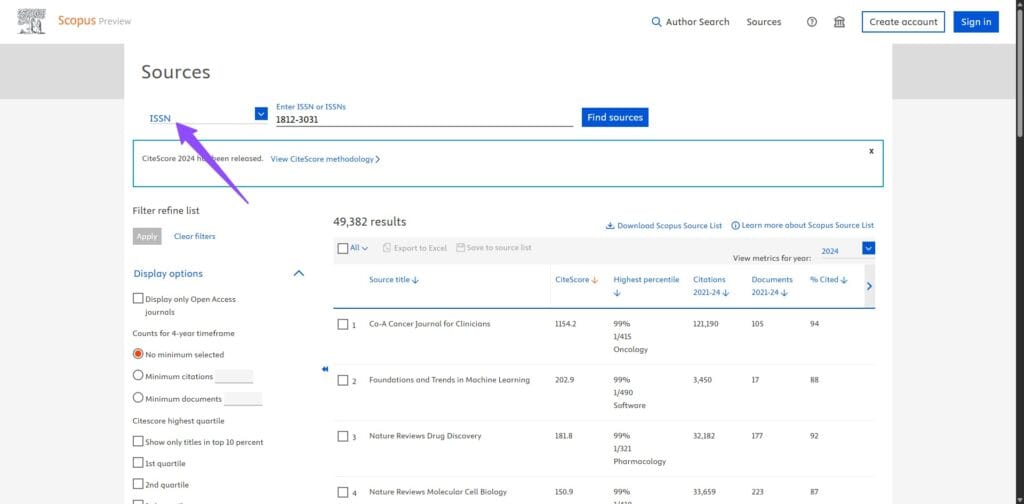 Select ISSN from the dropdown menu for the most accurate results