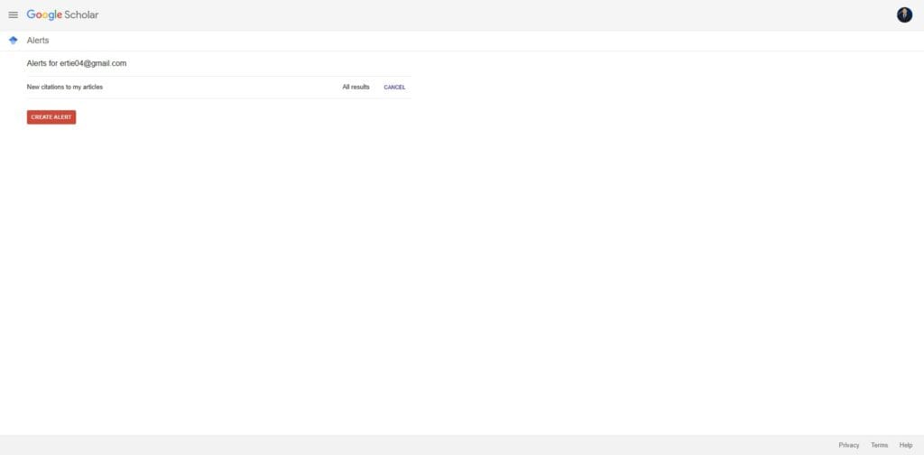 Google Scholar alerts dashboard with multiple alerts listed
