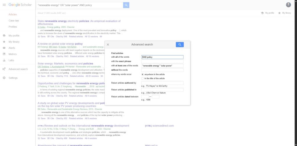 Google Scholar interface showing menu icon and advanced search option in the sidebar