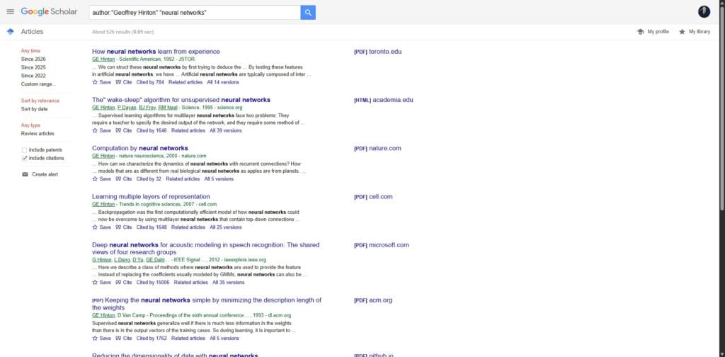 Google Scholar Advanced Search: Complete Guide (Operators, Tips & Examples) Google Scholar results filtered by author Geoffrey Hinton showing neural network research papers