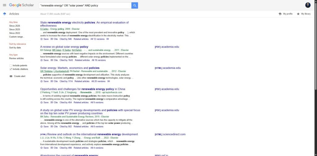 Google Scholar Advanced Search: Complete Guide (Operators, Tips & Examples) Google Scholar results using OR operator to show renewable energy and solar power policy research paper