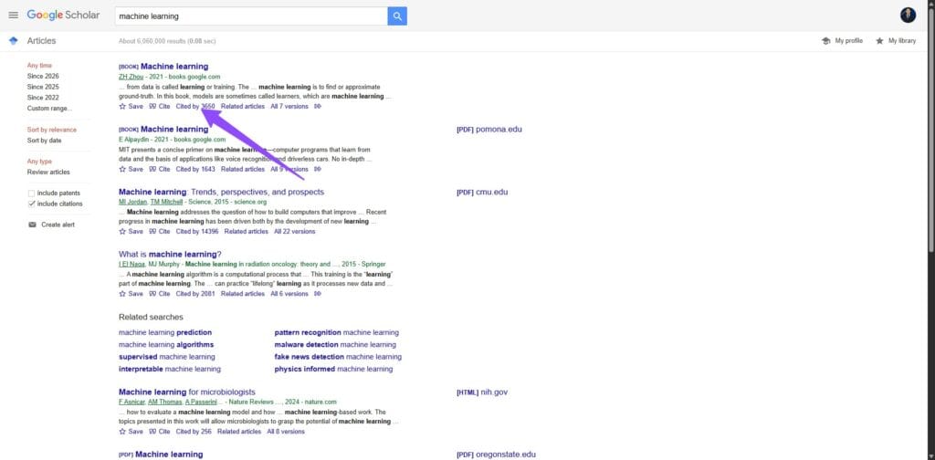 Google Scholar search result showing cited by link under a paper