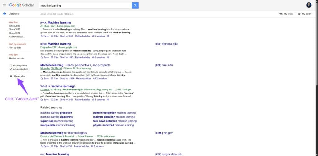Google Scholar search results page with create alert option in sidebar