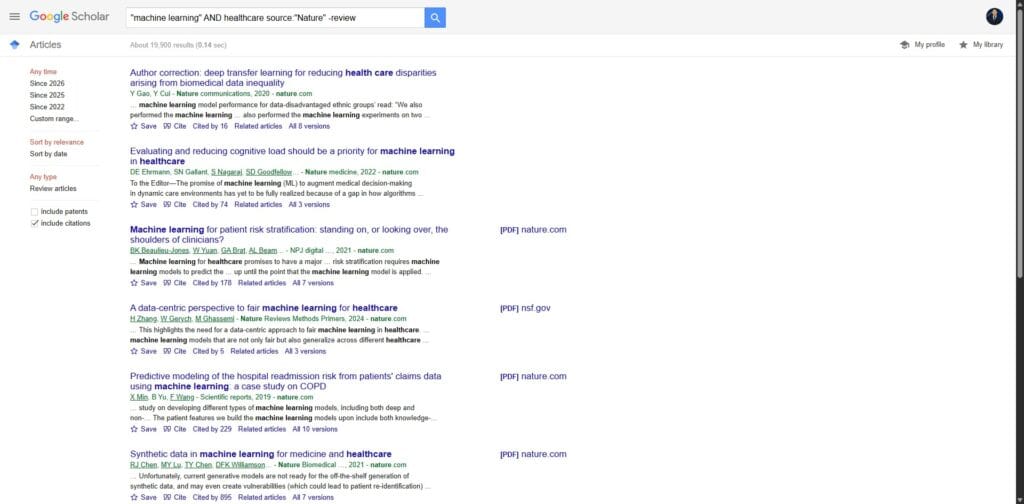 Google Scholar Advanced Search: Complete Guide (Operators, Tips & Examples) Google Scholar search results showing machine learning healthcare papers filtered by Nature journal and excluding review articles
