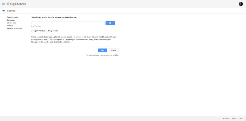 Google Scholar Advanced Search: Complete Guide (Operators, Tips & Examples) Google Scholar settings page showing library links option and university selection for full text access