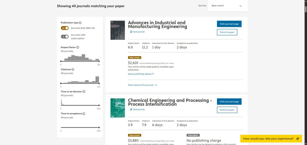 Elsevier Journal Finder result
